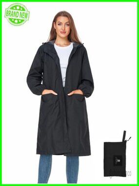SaphiRose Lightweight Packable Waterproof Long Rain Jacket